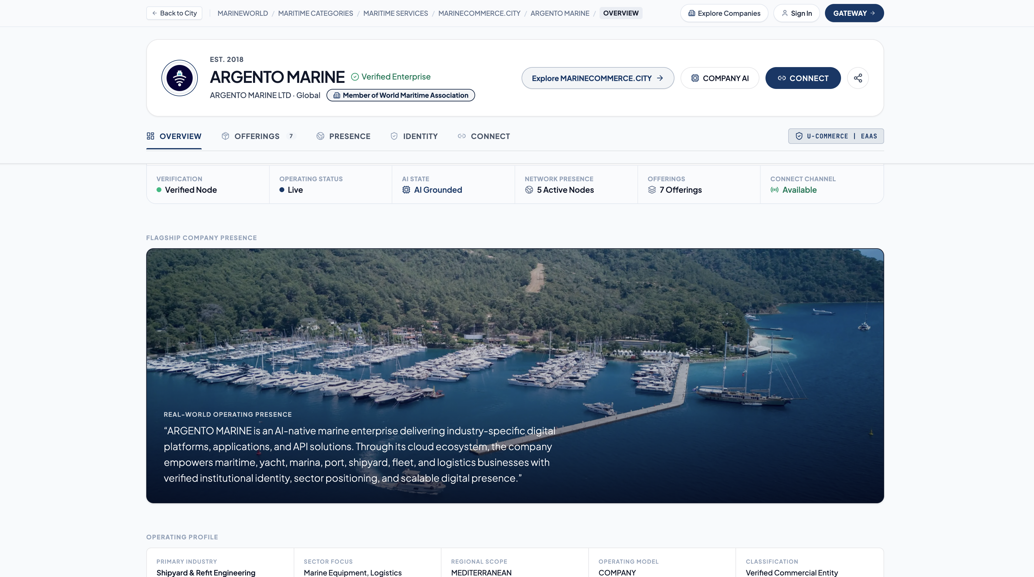 ARGENTO MARINE public company overview showing verification, offerings, Company AI and Connect access